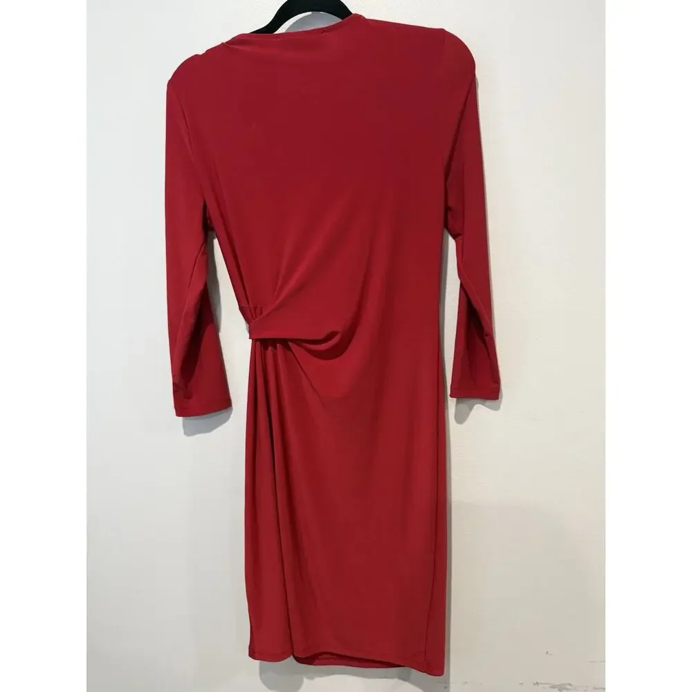 NWT Kasper Fire Red Midi Sheath Dress 3/4 Sleeve Side Tie Stretchy Romantic S